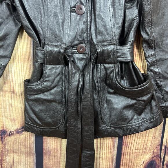 Wilsons Leather Womens S Brown Genuine Leather Belted Trench Coat Y2K Mid Length - Picture 4 of 11